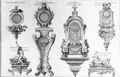 Klok Kasten en Sokkel van André-Charles Boulle, prent gemaakt door Pierre-Jean Mariette